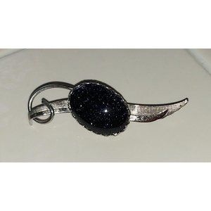 Vintage Silver With Blue Sandstone Gemstone Cabochon Goldstone Oval Pin Brooch
